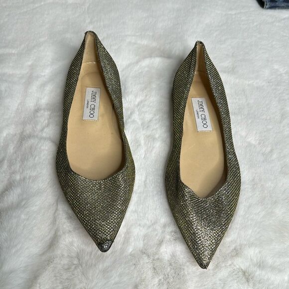 JIMMY CHOO ALINA Lame Glitter Light Bronze Ballet Flats Size 37 / US 7 - Picture 1 of 13